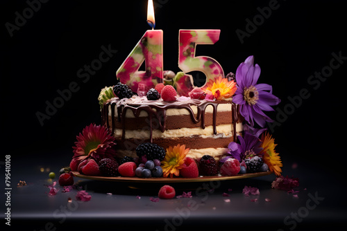 Number forty 45 candle lit on top of a chocolate confetti cake. photo