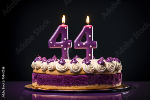 Number forty 44 candle lit on top of a chocolate confetti cake. photo