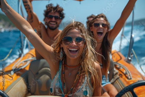 Woman with sunglasses pilots a speedboat with friends, all laughing and enjoying the moment © Larisa AI