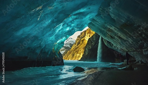 inside a blue glacial ice cave in the glacier with waterfalls