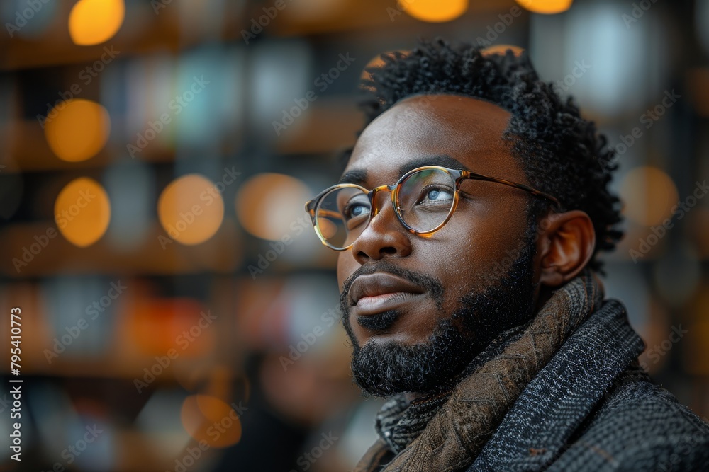 A fashionable man in glasses displaying a pensive, contemplative expression against a bookshelf background A fashionable man in glasses displaying a pensive, contemplative expression against a bookshelf background