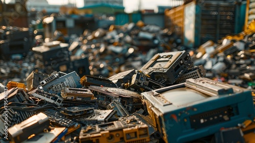 A pile of discarded electronics, including computers, monitors, and keyboards.