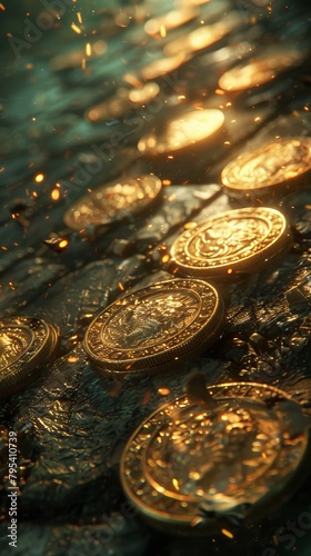A pile of gold coins on the ground with a dark background