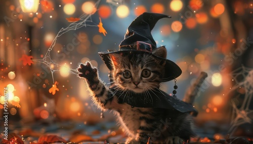 In a spooky backyard, a kitten with a tiny witchs hat and a cape playfully bats at floating cobweb decorations with its paw