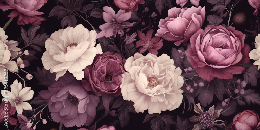 Deep aubergine and blush pink flowers creating a luxurious seamless pattern.