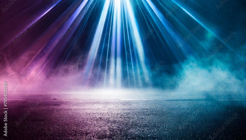 stage shows a blue and purple background an empty dark scene laser beams neon spotlights reflecting on the asphalt floor studio room with smoke floating up a night view of the street