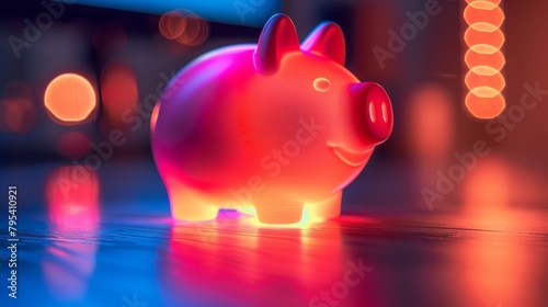 A pink neon piggy bank sits on a wooden table against a blurred background of blue and orange lights.