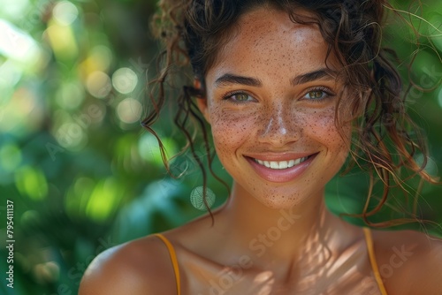 Close-up portrait of a young woman with curly hair and freckles smiling in a tropical environment