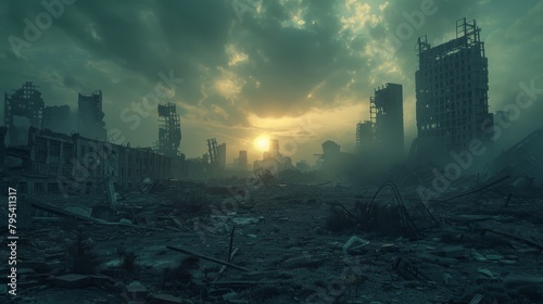 A post-apocalyptic city in ruins with a dark  stormy sky and a bright sun breaking through the clouds.