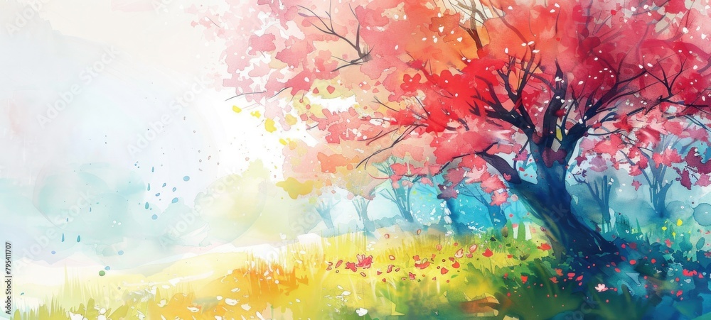 Whimsical Watercolor Landscape with Flourishing Spring Tree Whimsical Watercolor Landscape with Flourishing Spring Tree
