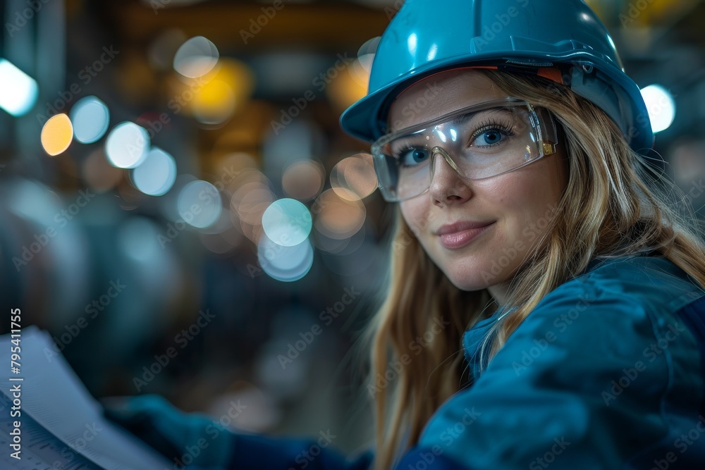 A female engineer with a blue helmet is focused on reading documents at an industrial setting A female engineer with a blue helmet is focused on reading documents at an industrial setting