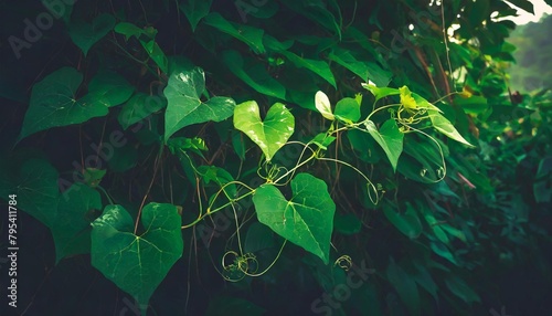 heart shape green leaves jungle vine plant bush with twisted vines and tendrils of obscure morning glory ipomoea obscura climbing vine tropical plant photo