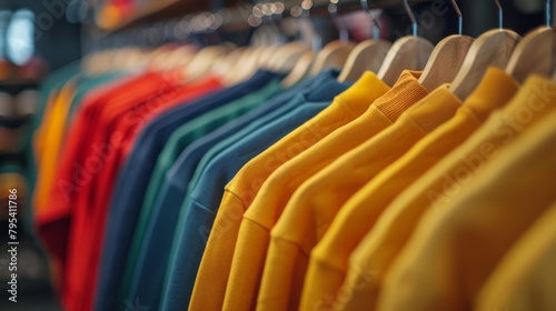 A rack of colorful clothes in a store.