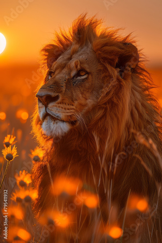 A lion at sunrise on the African savanna, its mane glowing with the golden light,