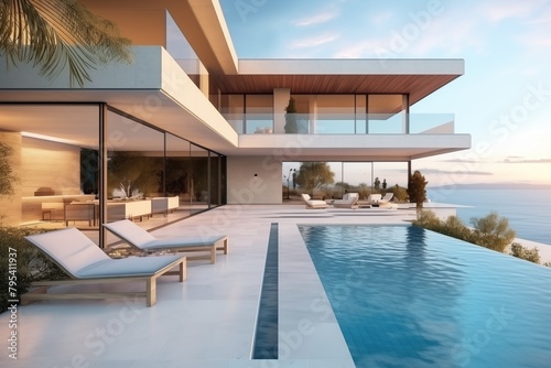 Modern home with a pool architecture building outdoors. © Rawpixel.com