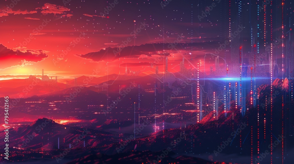 Obraz premium A red city under a red sky with a blue light in the foreground.