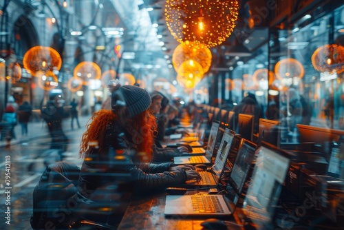 Cozy image of a woman working on a laptop in a warmly lit outdoor environment during the winter season