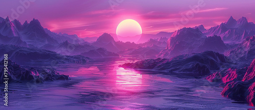 a futuristic landscape of nature, sun in the background and in the middle of the image, river in the middle meander between huge mountains, no people photo
