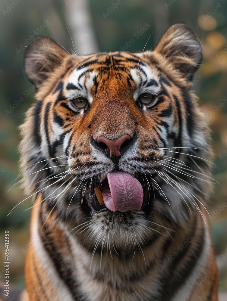 Fototapeta premium Close-up of majestic tiger face with tongue licking