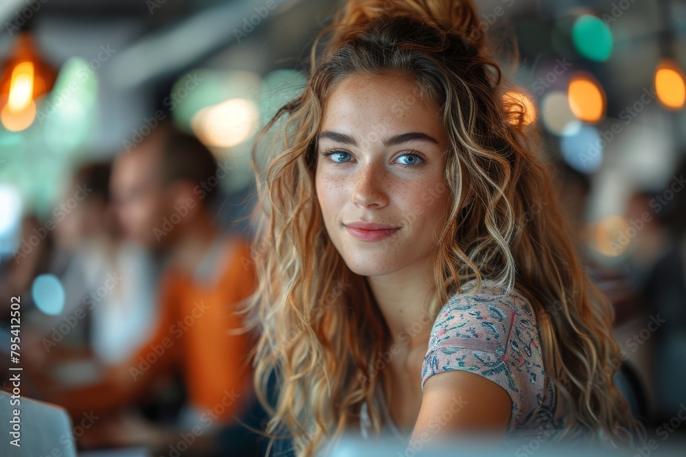 Fototapeta premium A cheerful blonde woman smiles softly in a cafe with soft lighting and blurred background