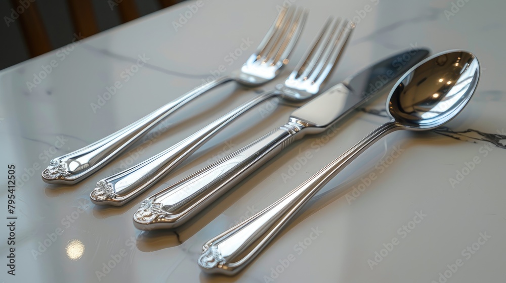 Elegant stainless steel cutlery set on marble Elegant stainless steel cutlery set on marble