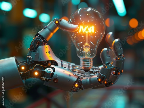A robot hand holding a glowing light bulb.