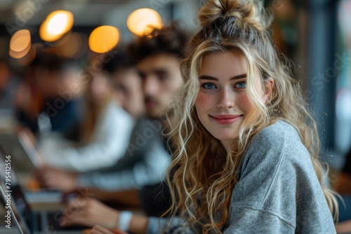 Wallpaper Mural A young woman with bright, inviting smile works on her laptop in a communal space with others Torontodigital.ca