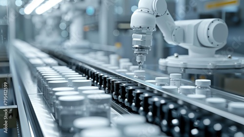 A robotic arm is working on an assembly line in a factory. photo