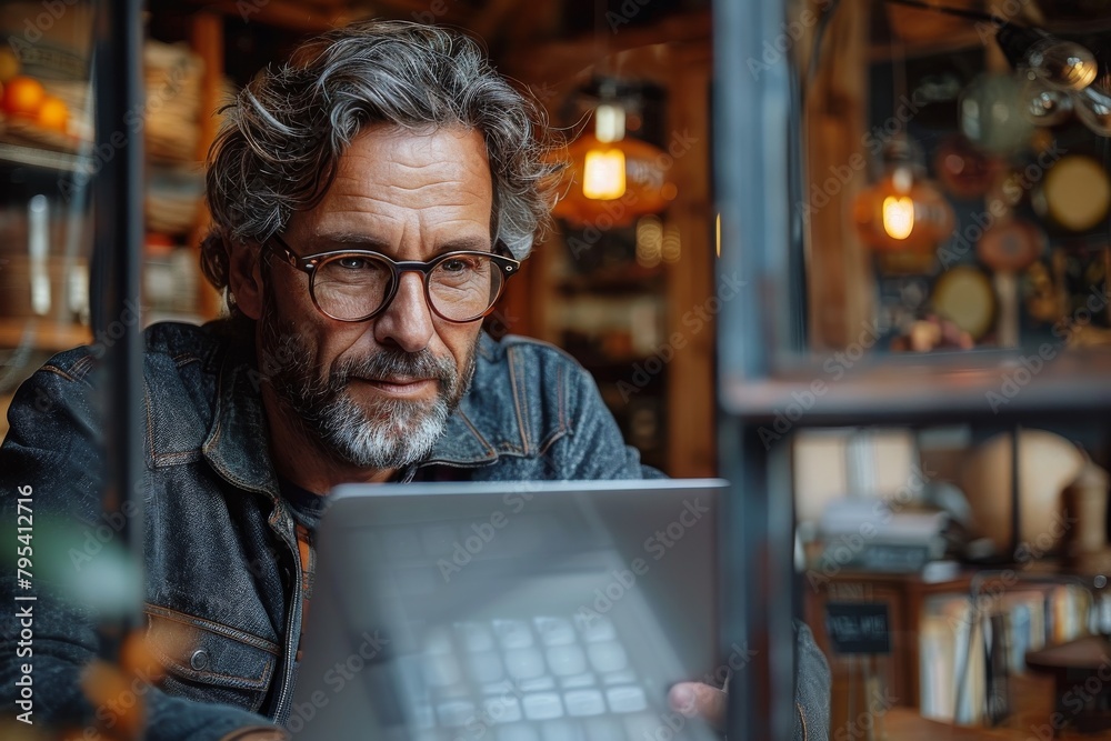 A stylish mature man with glasses views content on a tablet in a quaintly decorated bookshop A stylish mature man with glasses views content on a tablet in a quaintly decorated bookshop