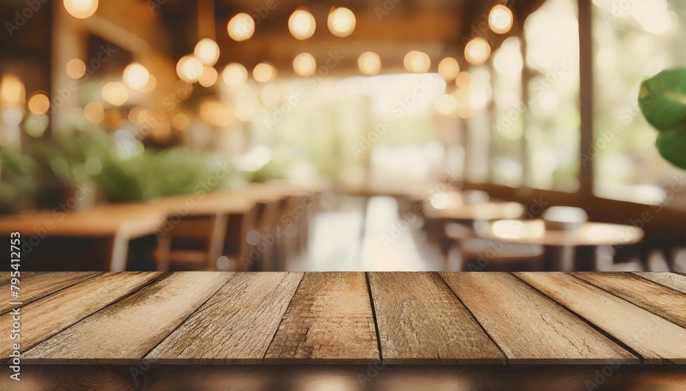 empty old wood table top and blurred bokeh cafe and coffee shop ...