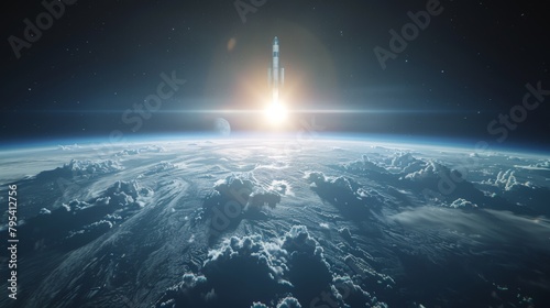 A rocket ship is ascending from the Earth into outer space. photo