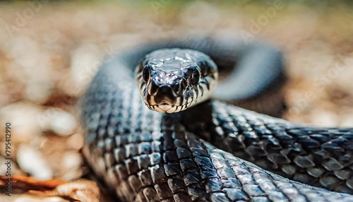 deadly black snake looking into the camera exotic snake look at you snake eyes reptile predator agressive snake face close up © Kari
