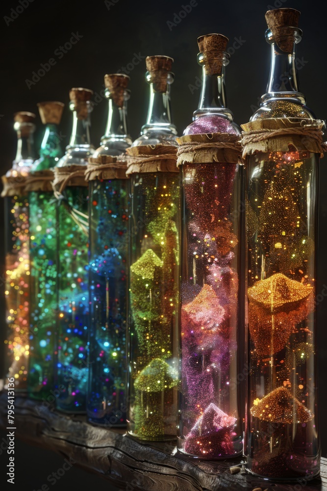 A row of 8 bottles filled with different colored glitter.
