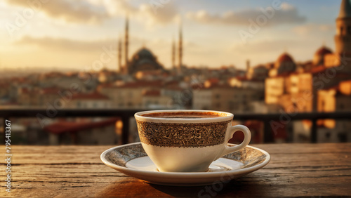 Traditional Turkish coffee in porcelain mug on table in front of blurry Istanbul view with buildings, bridge a mosque during sunset.