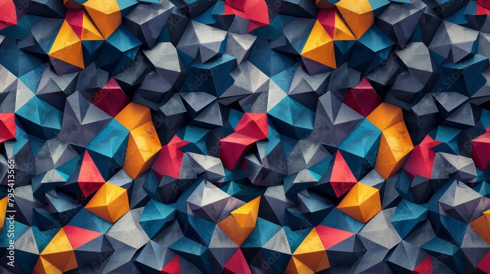 A seamless geometric pattern with repeating triangle shapes in various colors.