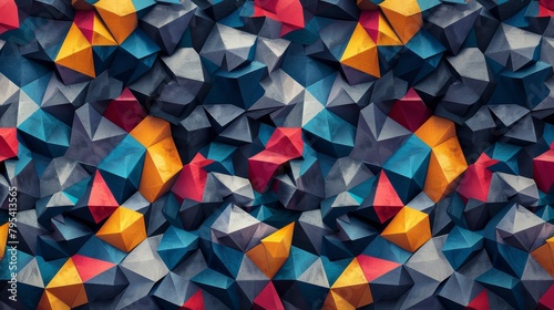 A seamless geometric pattern with repeating triangle shapes in various colors. photo