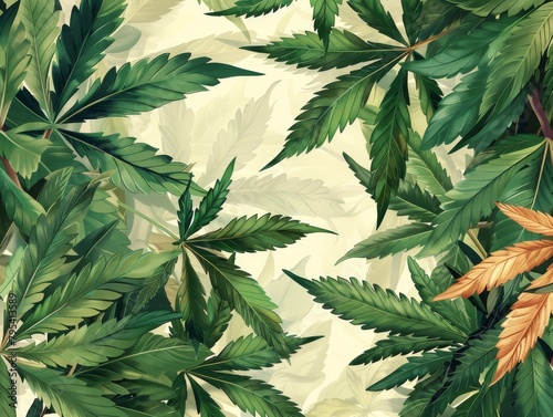 A seamless pattern of cannabis leaves in various shades of green with a cream background