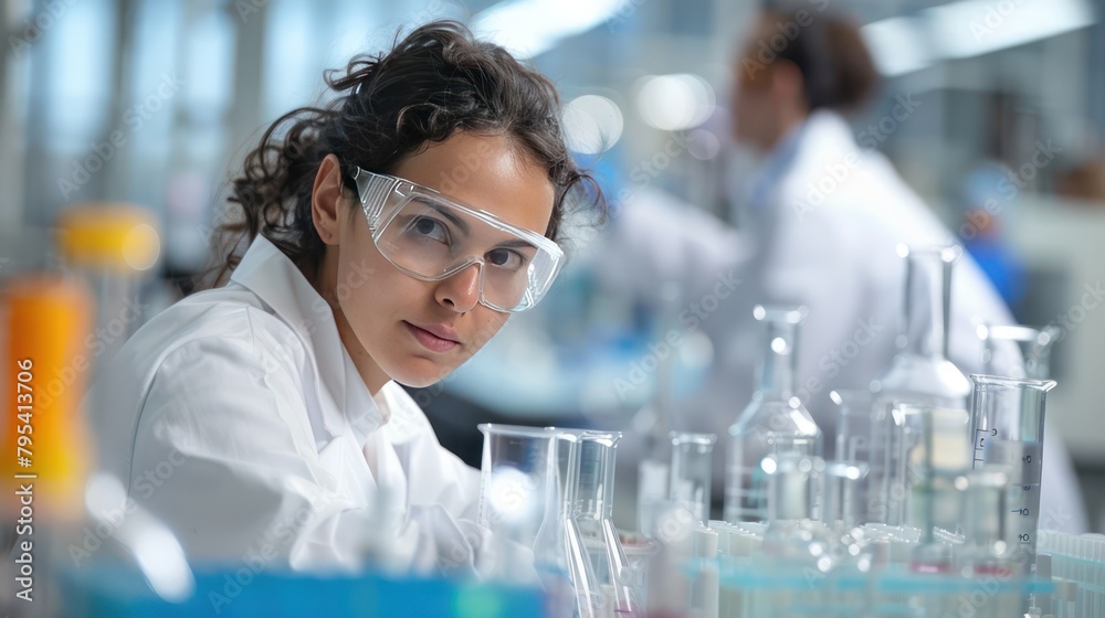Female Scientist in Lab Coat and Goggles Female Scientist in Lab Coat and Goggles
