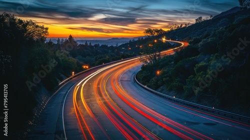 Blurry streaks of car lights illuminate a mountain road at night in a long exposure shot