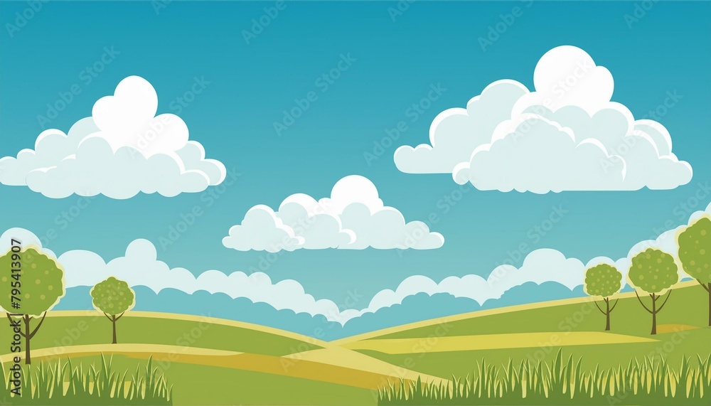 Beautiful fluffy clouds on blue sky background. Vector illustration. Paper cut style. Place for text. 