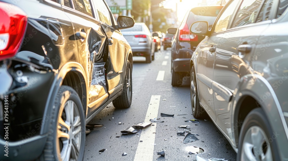 A golden car shows significant damage from a collision on a congested road during evening hours A golden car shows significant damage from a collision on a congested road during evening hours