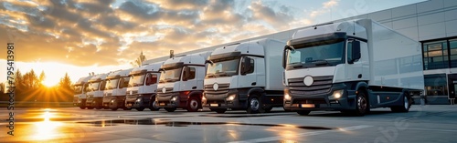 A line of delivery company semi trucks parked in front of a commercial building © monvideo