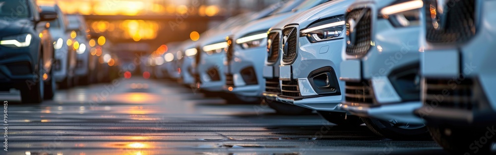 A straight line of parked cars belonging to a transport company, all neatly parked next to each other in an organized manner