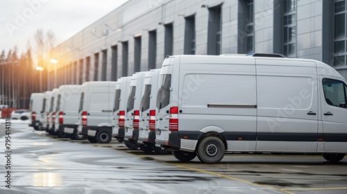 A line of delivery company white vans parked neatly in front of a commercial building