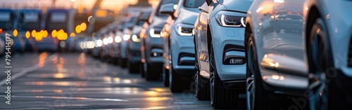 A line of parked cars belonging to a transport company sit side by side in a designated parking area © monvideo