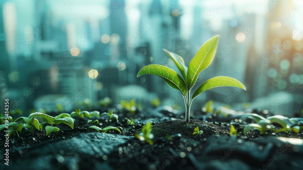 A single plant growing through a crack in the concrete with a blurred cityscape in the background. A single plant growing through a crack in the concrete with a blurred cityscape in the background.