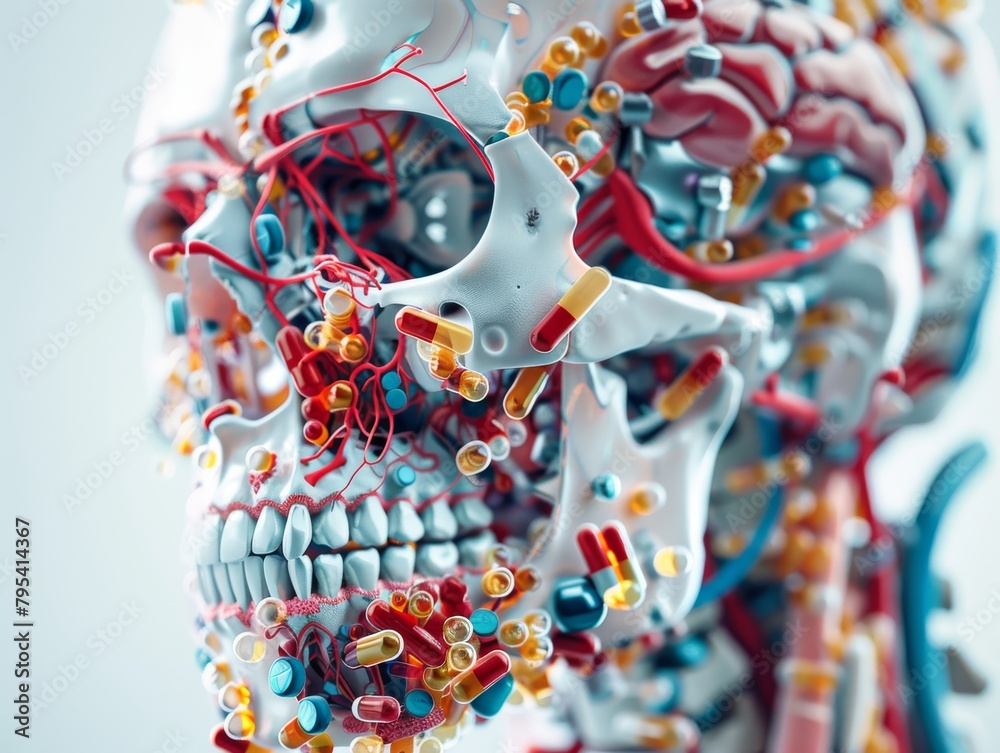 Fototapeta premium A skull filled with pills and capsules instead of a brain.