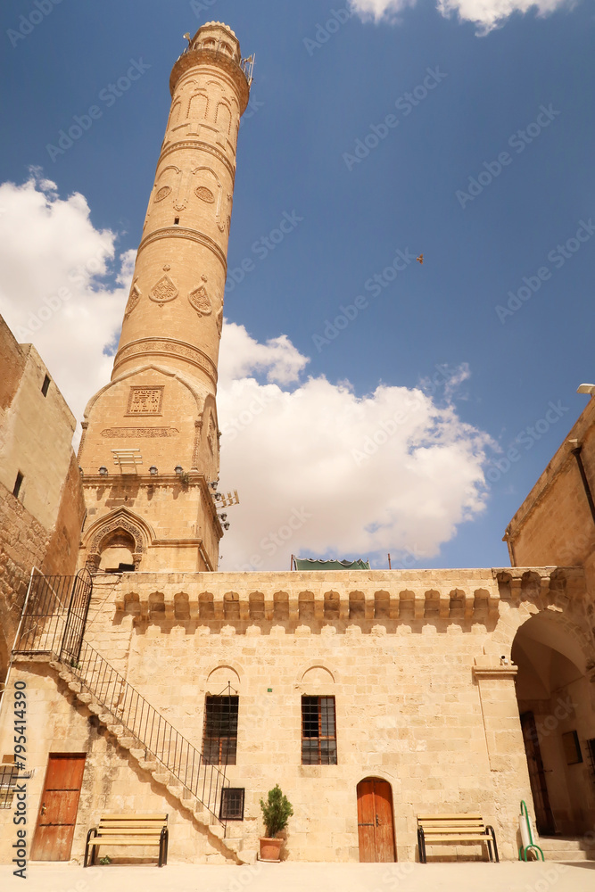 The facade and minaret of the Great, Grand Mosque, Ulu Camii in the old town of Mardin, Turkey