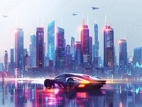 A sleek sports car drives through a futuristic city at night. The city is full of tall buildings and bright lights. The car is reflecting the lights of the city. photo