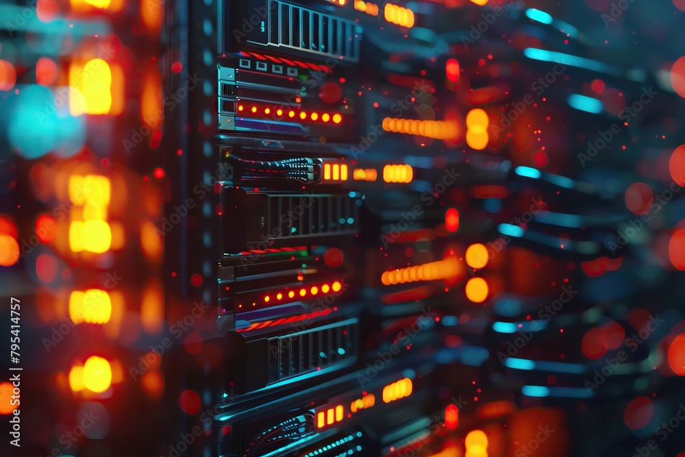 Hightech edge computing servers in a data center with glowing lights and cables, illustrated on a dark background to enhance the technologys details with ample text space Hightech edge computing servers in a data center with glowing lights and cables, illustrated on a dark background to enhance the technologys details with ample text space